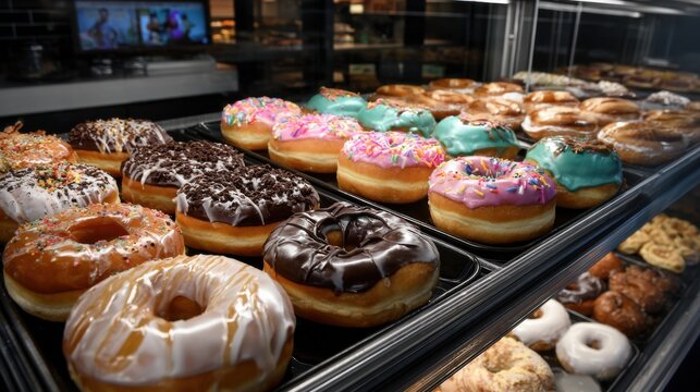 Delicious donuts display bakery counter food photography indoor environment close-up view sweets temptation