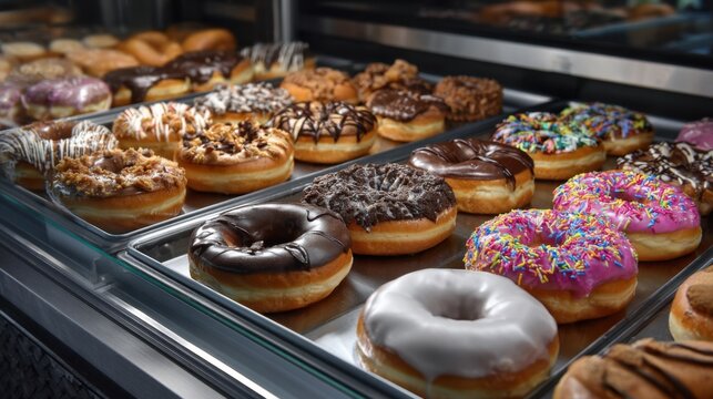 Delicious donuts galore bakery display food photography bright environment close-up view indulgent treats