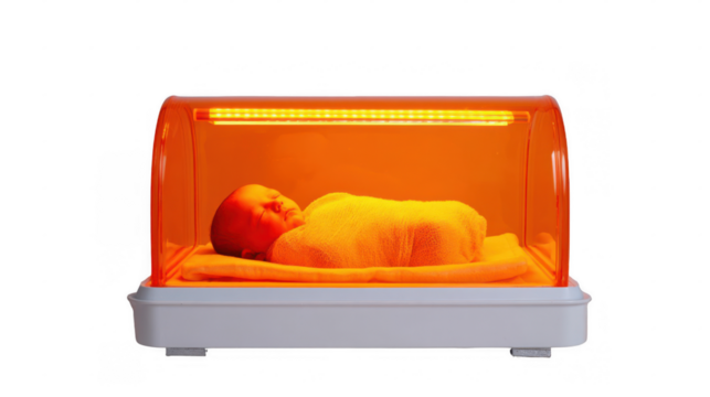 Newborn baby peacefully sleeping under bili lights in a specialized orange incubator designed for effective jaundice treatment, featuring a transparent background for easy use