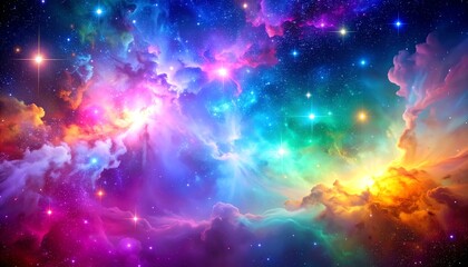 Stunning colorful nebula artwork depicting an expansive cosmic scene with vibrant colors and celestial beauty