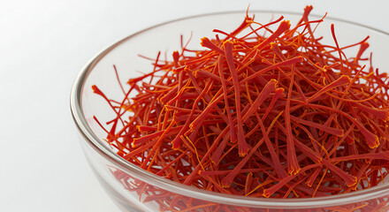 Fototapeta premium Saffron Threads in Glass Dish , Ultra HD Macro Herbal Spice