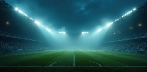 Night rugby stadium, thick fog obscuring lights, night, mist, field