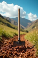 Worn wooden hoe, Andean soil, Peruvian landscape, background, agriculture