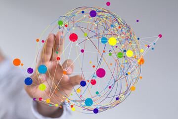 Abstract image depicting a global network. Colorful nodes and lines represent connections and...
