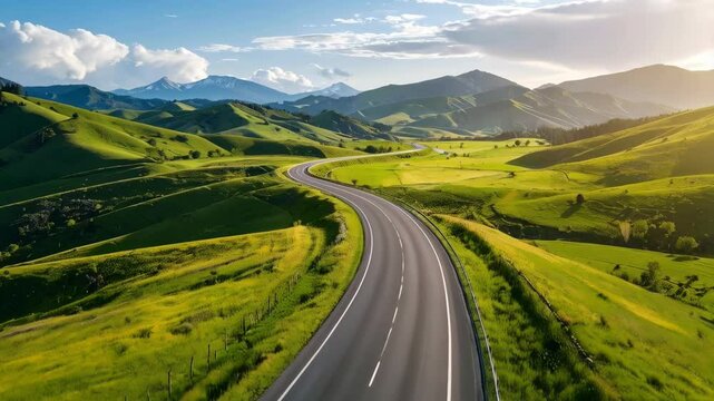 Winding asphalt road curves through rolling green hills landscape with mountain range in distance, clear sky, transportation route adventure, travel highway