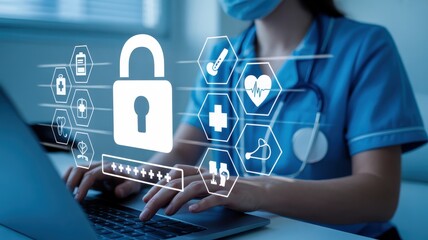 Healthcare professional working on a laptop with digital medical security icons.