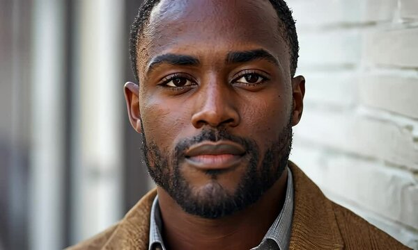 Handsome Black Man in Brown Jacket and Gray Pattern Shirt Leaning Against a Painted White Brick Wall Outdoor on a Sunny