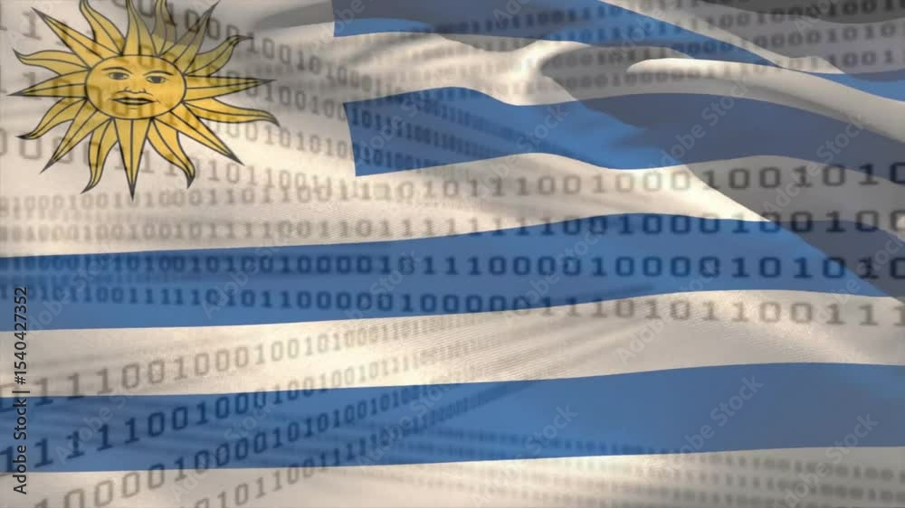 Poster uruguay flag initiating rippling, shifting binary code scrolling over stripes showing data flow
