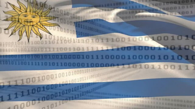 Uruguay flag initiating rippling, shifting binary code scrolling over stripes showing data flow