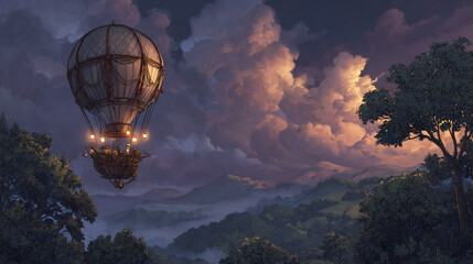 Twilight Voyage in a Vintage Hot Air Balloon Over Scenic Mountains