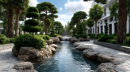 Landscape garden with water fountains, decorative bushes, and symmetrical paths creating a peaceful ambiance
