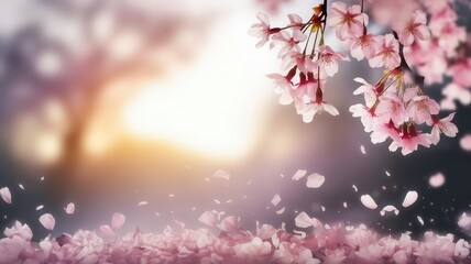 Fototapeta premium Dreamy Cherry Blossom Scene with Falling Petals and Sunrise Glow Backdrop