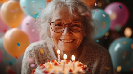 Smiling Senior Woman with Birthday Cake and Balloons