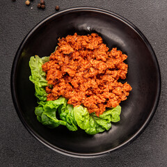 Tuna tomato sauce canned fish seafood fresh delicious gourmet food background on the table rustic food top view copy space keto and paleo diet vegan food pescetarian diet