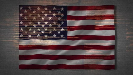 Small American flag appearing and scaling into center while waving under sliding glitch code - Powered by Adobe