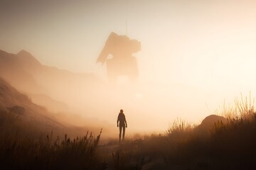 Journey into unknown foggy mechanical landscape