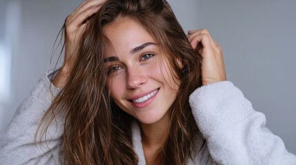 Naklejka premium Joyful woman smiling at home lifestyle portrait indoor setting warm ambiance close-up view