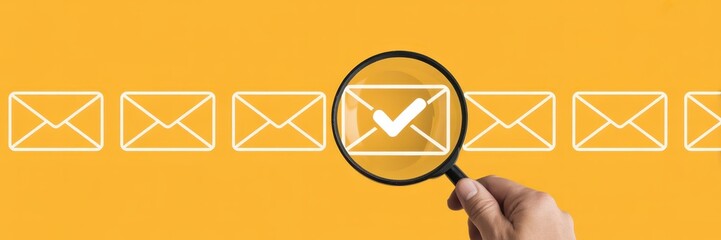 Magnifying glass focuses on a marked email icon among others.