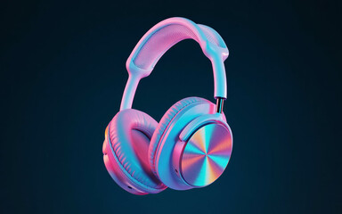 Modern wireless headphones in vibrant neon colors floating against a deep blue background with creative lighting design for music listening