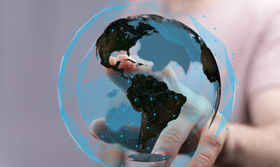 Person interacts with a digital globe, symbolizing global network, connectivity, and technology.
