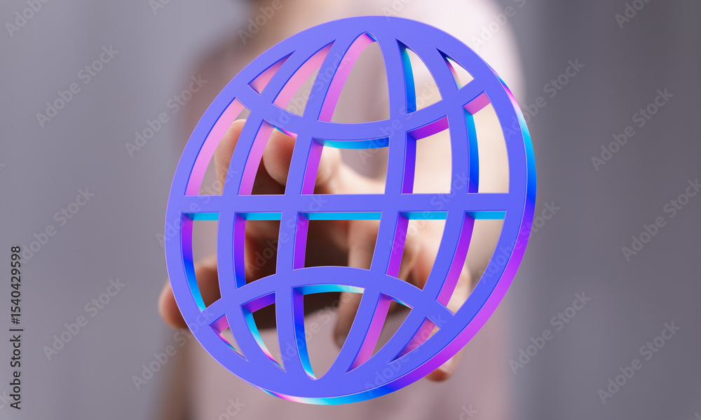 Poster abstract image of a hand holding a vibrant global network icon. represents connection, internet, and