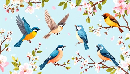 Spring Birds Cherry Blossoms.