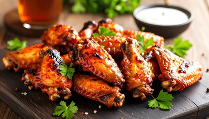 Delicious grilled chicken wings served with tangy sauce on a rustic wooden table ready for enjoyment and sharing