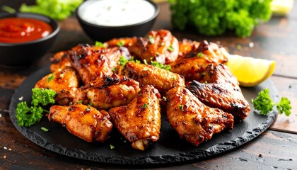 Plate of grilled chicken wings served with fresh garnish ready to satisfy your taste buds in a flavorful dining experience