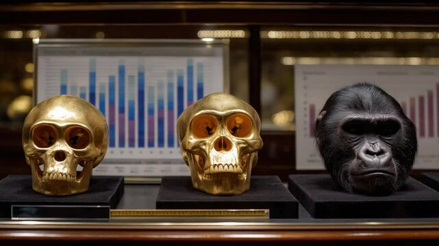 Explore evolutionary traits with a detailed comparison of human, chimpanzee, and gorilla primate skulls.