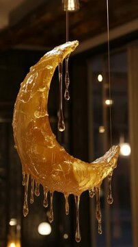A large, golden, honey-covered crescent moon hangs from the ceiling. The honey drips down the side of the moon, creating a warm, inviting atmosphere
