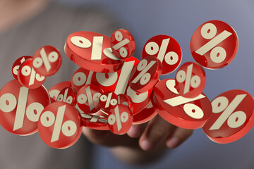 3D rendering of red percentage symbols floating above a hand, ideal for discount, sale, and finance...