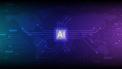 AI world map technology circuit digital futuristic innovation blue purple glowing abstract