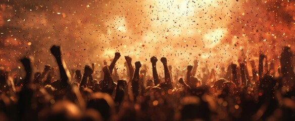 The vibrant crowd rejoices with raised hands during a dynamic celebration.