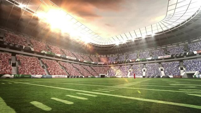 Confetti appearing then swirling shower looping across football field under roof punctuating scene