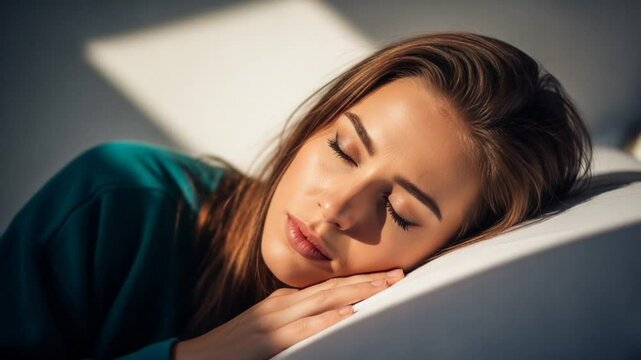 Woman Sleeping on White Pillow with Closed Eyes in Warm Natural Light