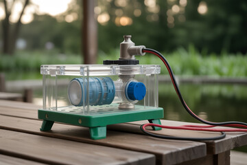 Close up of a water filtration system with clear casing and blue components on a wooden surface