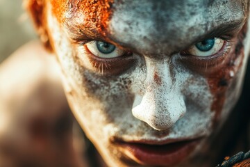 A woman with a white face and red hair is wearing a mask and has a bloody face
