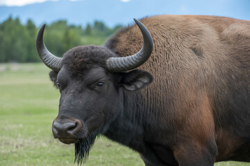 A close up shot of a large bison with curved horns in a grassy field on a sunny day outdoors