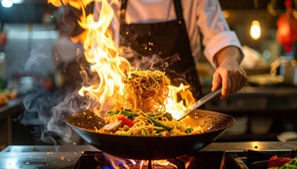 Chef Stir-Frying Noodles with Vegetables over Open Flame