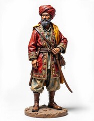 Realistic miniature figurine of a Middle Eastern warrior or nobleman in traditional costume, handcrafted model on a display base
