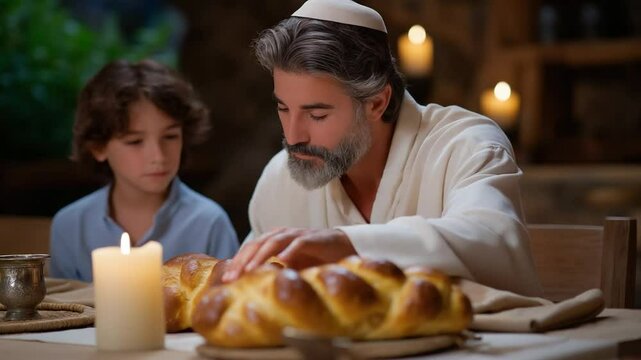 A Jewish family gathers for a Sabbath blessing with traditional challah loaves.