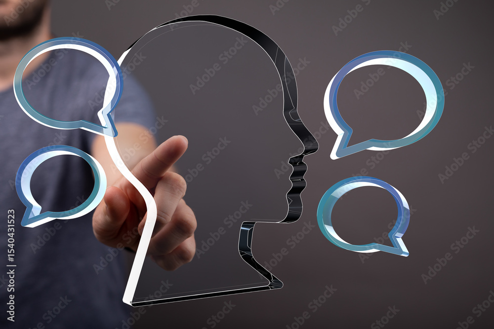 Poster Conceptual image of a man interacting with digital speech bubbles, representing communication and feedback.