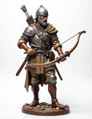 Fototapeta premium Realistic figurine of a medieval archer in armor with bow and quiver on a display base 