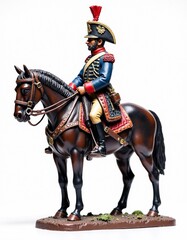 Fototapeta premium Realistic miniature figurine of a Napoleonic cavalry officer on horseback, handcrafted model on a display base 