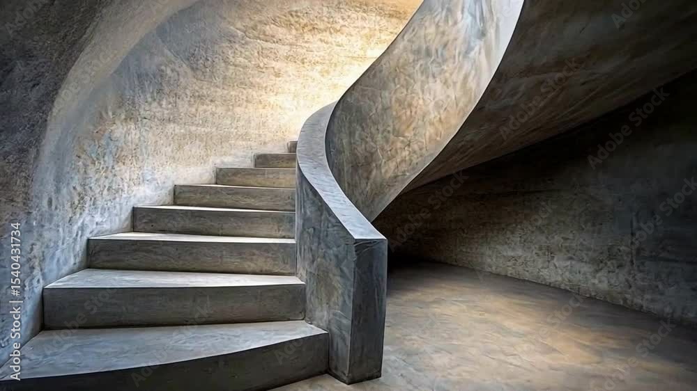 Poster elegant ascent: a mesmerizing spiral staircase gracefully ascends, its concrete curves bathed in sof