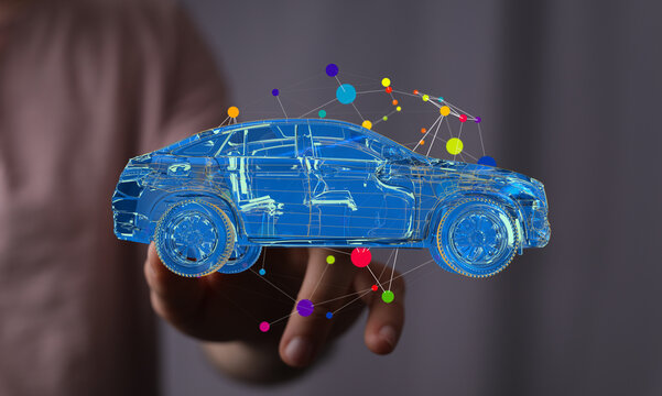 Futuristic car design, digital model, innovation, technology, automotive industry, connectivity, network, data, 3D model