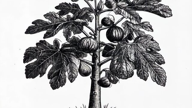 Fig tree drawing with fruits and large leaves on a white background with a black and white ink wash effect.