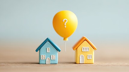 Choosing right house, question mark balloon floating between two miniature houses