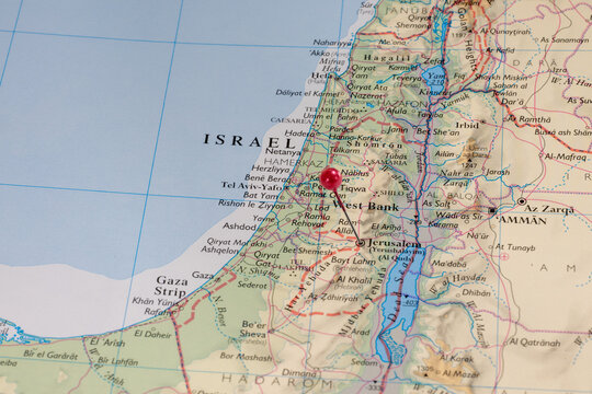Colorful location map with red stick pin at Jerusalem, Israel and the surrounding area
