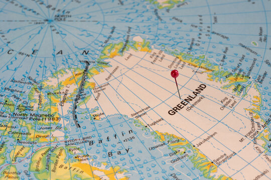 Colorful location map with red stick pin at Greenland, Denmark and the surrounding area